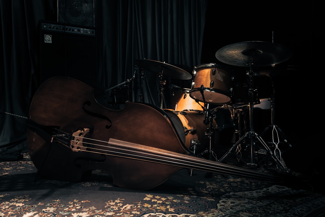 A musical instrument and a drum set on a bed