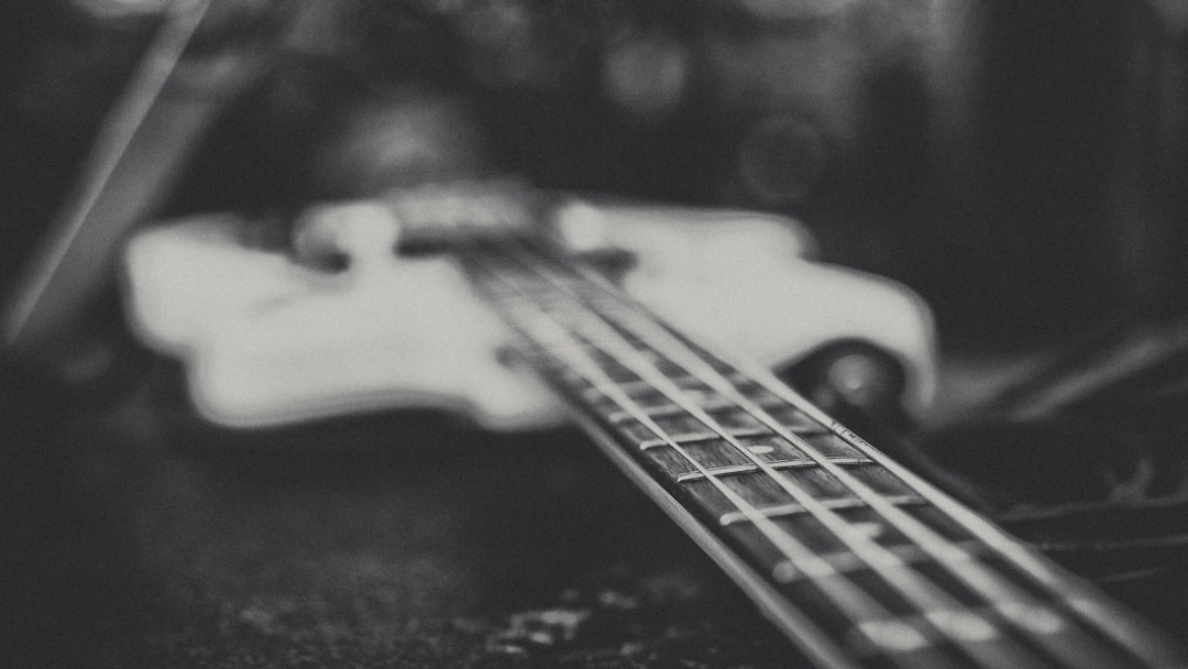 A black and white photo of a bass guitar
